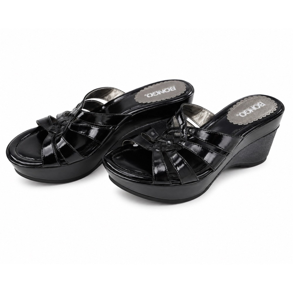 Bongo Vintage Y2K Black Patent Boho Wedge Slide Sandals Women's Size 8M